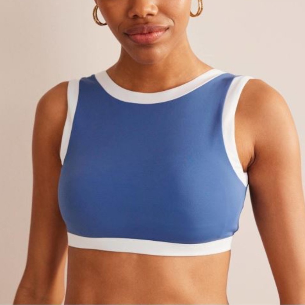 Boden Racer Crew Neck Bikini Top Swimsuit Swim US 14 Blue White NEW. 118